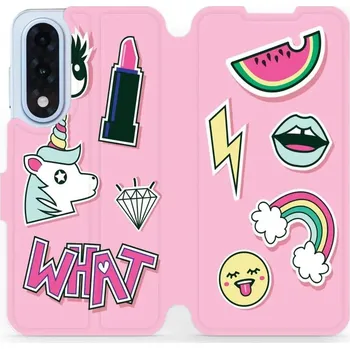 Pouzdro na mobilní telefon Flipové pouzdro Mobiwear - OnePlus Nord 5 - M129S Růžové WHAT (Knížkové flip pouzdro, obal, kryt na mobil OnePlus Nord 5 - M129S Růžové WHAT, materiál Umělá kůže + TPU - ochrana 360°, stojánek, silikonová vanička, magnetické zavírání)