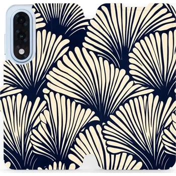 Pouzdro na mobilní telefon Flipové pouzdro Mobiwear - OnePlus Nord 5 - VA41S Béžové květy na modré (Knížkové flip pouzdro, obal, kryt na mobil OnePlus Nord 5 - VA41S Béžové květy na modré, materiál Umělá kůže + TPU - ochrana 360°, stojánek, silikonová vanička, magnetické zavírání)