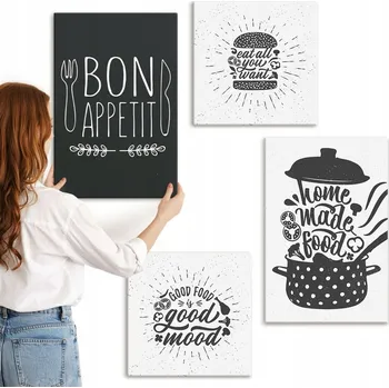 Obraz Sada obrazů do kanceláře, grafiky s jídlem a kulinářskými hesly, 4 kusy