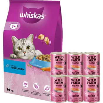Whiskas Adult tuňák 14 kg + WILD FARM Pate Salmon 6x400g - bezlepkové krmivo pro kočky