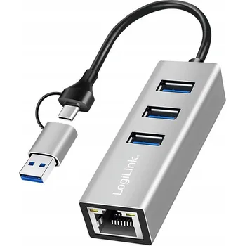 USB hub USB-C/USB-A Hub LogiLink se 3x USB 3.0, RJ45 Ethernet (síťová karta) 1G, 5 Gb/s, stříbrný