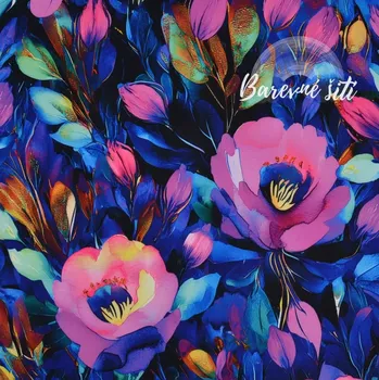 Zimní softshell Růžové květy, zlatomodré lístky (E) (Zimní softshell potištěný)