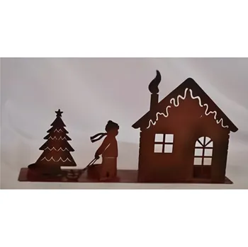 Vánoční hnědá kovová dekorace se svícnem, 17 x 32 cm