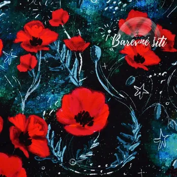 Zimní softshell Máky na petrolejové (E) (Zimní softshell potištěný)