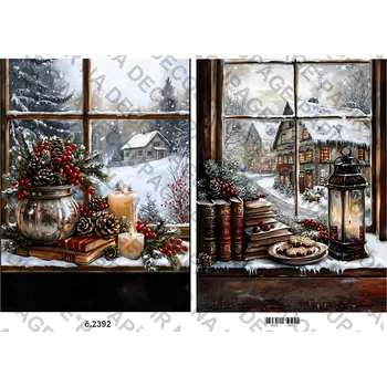 Umělecký papír Rýžový a soft papír na decoupage - Zima, okno, vánoce - KB2392 Materiál: Rýžový papír, Rozměr: A4