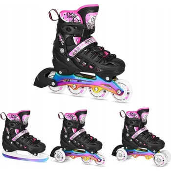 Kolečkové brusle Nastavitelné kolečkové Brusle 2v1 4 v 1 s LED osvětlením, růžový ocelový rám, Vel L, NILS EXTREME