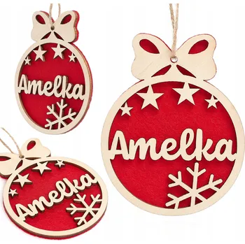 Vánoční dekorace DŘEVĚNÁ VÁNOČNÍ KOULE NA VÁNOČNÍ STROMEK SE JMÉNEM SNĚHOVÁ VLOČKA ČERVENÁ OZDOBA NA STROMEČEK