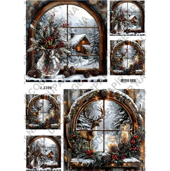 Umělecký papír Rýžový a soft papír na decoupage - Zima, okno, vánoce - KB2399 Materiál: Soft, Rozměr: A4