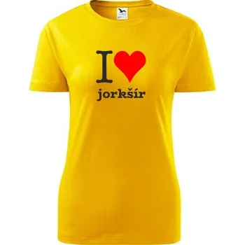 Dámské tričko Žluté dámské tričko I love jorkšír - dárek pro pejskařku - barva žlutá - velikost XL