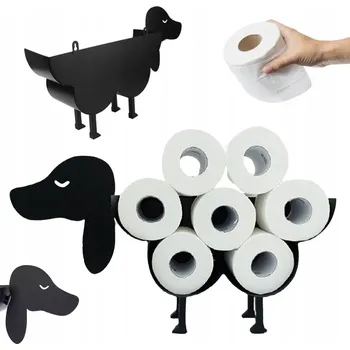 STOJAN DRŽÁK NA TOALETNÍ PAPÍR štěně ČERNÝ KOVOVÝ NA NĚKOLIK ROLEK