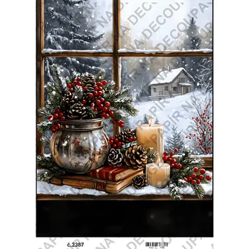 Umělecký papír Rýžový a soft papír na decoupage - Zima, okno, vánoce - KB2387 Materiál: Soft, Rozměr: A4