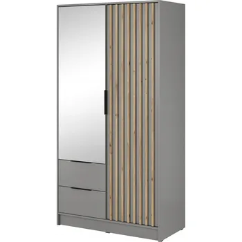 Šatní skříň Posuvná Skříň 105 cm šedá s lamelami, dub artisan, moderní se zrcadlem