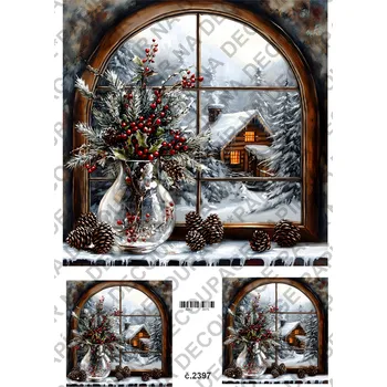Umělecký papír Rýžový a soft papír na decoupage - Zima, okno, vánoce - KB2397 Materiál: Soft, Rozměr: A4