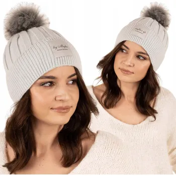 Čepice MODRÁ Dámská Čepice s Bambulí Zimní Teplá Ohýbaná MAJKA