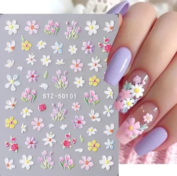 NehtyShop 3D bílo-růžové květy, nálepky na nehty