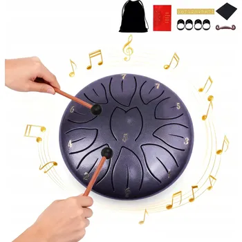 Hudební nástroj OCELOVÝ JAZÝČKOVÝ BUBNÍK TONGUE DRUM HANDPAN 6" 11 TÓNŮ + PŘÍSLUŠENSTVÍ