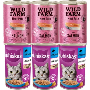 Krmivo pro kočku WHISKAS Adult 3x400g - vlhké krmivo s tuňákem v želé + WILD FARM Pate Salmon 3x400g - bezlepkové krmivo pro kočky