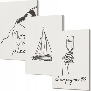 Obraz Sada obrazů do obýváku Víno plachetnice sklenice line-art 30x20 cm