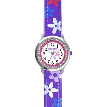 Hodinky CLOCKODILE Fialové dívčí dětské hodinky s kamínky a kytičkami