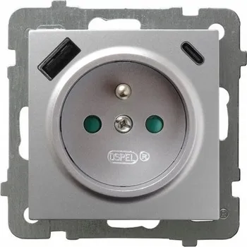 Elektrická zásuvka Zásuvka s USB nabíječkou A+C 3.4A 20W OSPEL AS GP-1GZPUSBAC/m/18 STŘÍBRO