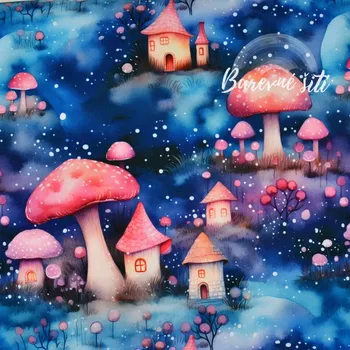 Zimní softshell Kouzelné houbičky a domečky (E) (Zimní softshell potištěný)