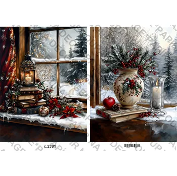 Umělecký papír Rýžový a soft papír na decoupage - Zima, okno, vánoce - KB2391 Materiál: Soft, Rozměr: A4