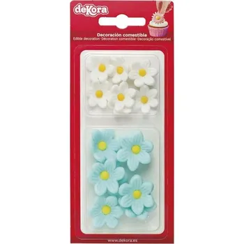 Jedlá dekorace na dort Curková dekorace 7 bílých a modrých kopretin - Dekora