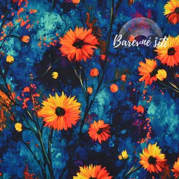 Zimní softshell Oranžové květy, modrošmouhatá (E) (Zimní softshell potištěný)