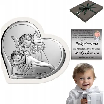 Obraz Stříbrný obrázek Anděl strážný Křest Gravírování srdce