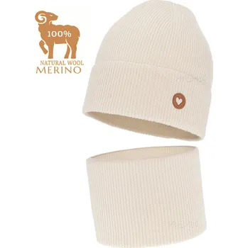 Čepice Ekru Krémová SADA MERINO VLNA ČEPICE NÁKRČNÍK podzim jaro ŽEBROVÁNÍ vel. 48-52