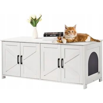 Toaleta pro kočku Domeček pro kočky skříňka krytá kočičí toaleta nábytek 2 komory bílá
