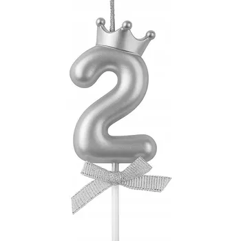 Dortová svíčka Svíčka ČÍSLICE 2 stříbrná - svíčky na dort, narozeninové číslice, 6 cm
