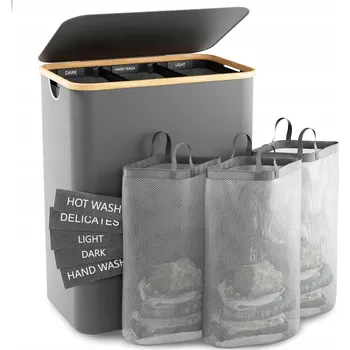 Koš na prádlo Bambusový koš na prádlo 156L – 3 přihrádky – Víko – Organizér na prádlo