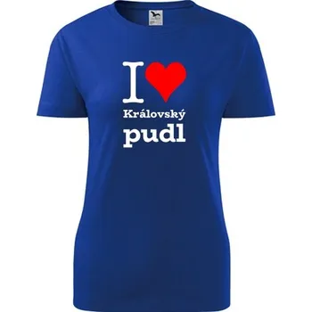 Dámské tričko Modré dámské tričko I love Královský pudl - dárek pro pejskařku - barva modrá - velikost M
