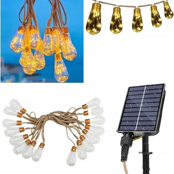 Venkovní osvětlení 7,8m Solární LED girlanda zahradní, 16x LED žárovka, konopné lano na balkon
