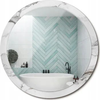 Zrcadlo Nástěnné Zrcadlo s ozdobným skleněným rámem s potiskem Bílý mramor, průměr 100 cm