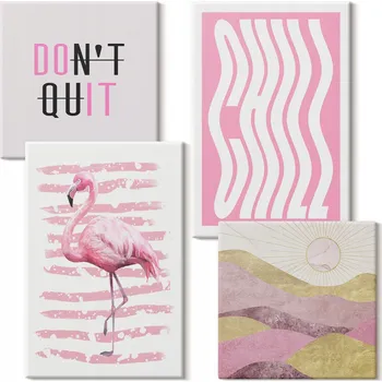 Obraz Sada obrazů do ložnice Růžový plameňák pastelová horská krajina 4 kusy