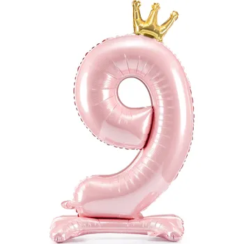 Balónek Stojící fóliový balónek číslo 9 růžový se zlatou korunou 84 cm