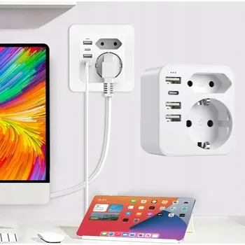 CESTOVNÍ ADAPTÉR EU do UK NABÍJEČKA TYP G Adaptér do zásuvky 3 USB + 1 Type C