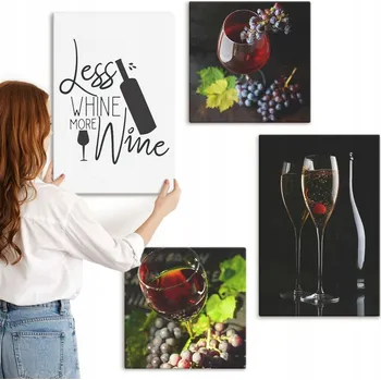 Obraz Sada obrázků pro dekoraci galerie: Skleničky hroznové víno , nápis 4 kusy