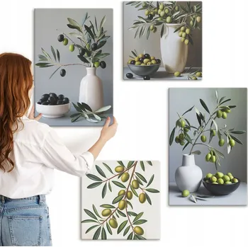 Obraz Sada obrazů na plátně Olivy ve vázách, tlumené barvy, 4 kusy