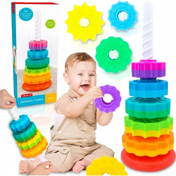 Hračka pro nejmenší ZAKROUCENÁ VĚŽ PYRAMIDA DUHOVÁ VZDĚLÁVACÍ SPIRÁLA BAREVNÁ MONTESSORI XXL