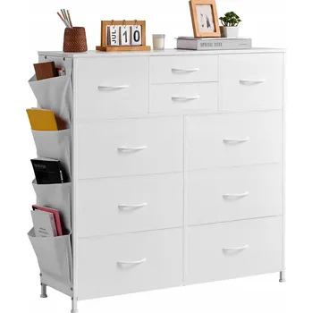 Komoda Komoda 100x30x97,5 cm s 10 zásuvkami a ocelovým rámem, bílá komoda z tkaniny