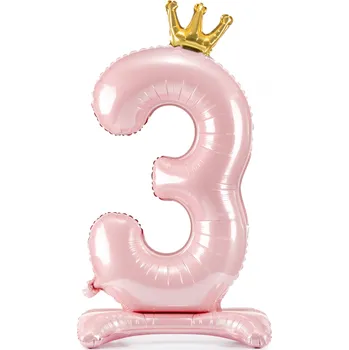 Balónek Stojící fóliový balón číslo 3 růžový se zlatou korunkou 84 cm