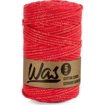 Bavlněná šňůra 5 mm, 100 m, červená se zlatou nití
