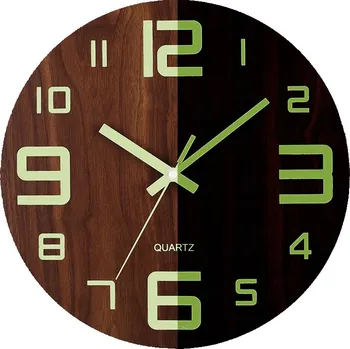 Hodiny Nástěnné hodiny svítící dřevěné Kulatý tiché quartzové velké 30 cm Hnědá