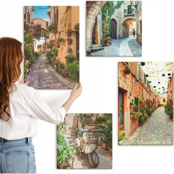 Obraz Sada obrazů na plátně k zavěšení - Kouzelné italské uličky s květinami, 4 kusy