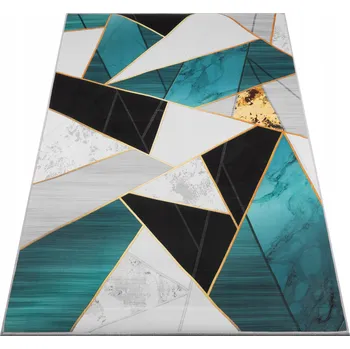 Koberec KOBEREC 300X200CM ZELENÝ ZLATÝ TROJÚHELNÍKY ŠEDÝ PROTISKLUZOVÝ LOFT DO OBÝVACÍHO POKOJE