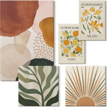 Obraz Sada obrazů do obýváku – Stylové rostlinné grafiky a geometrie 5 kusů
