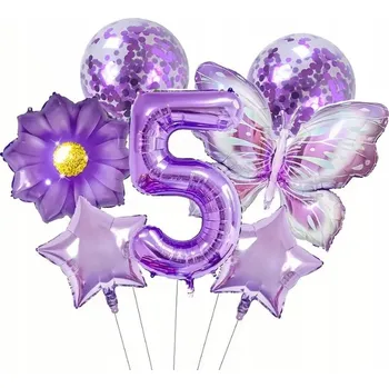 Balónek FIALOVÁ SADA BALÓNKŮ motýl hvězda ČÍSLICE 5 narozeniny HEL 7ks